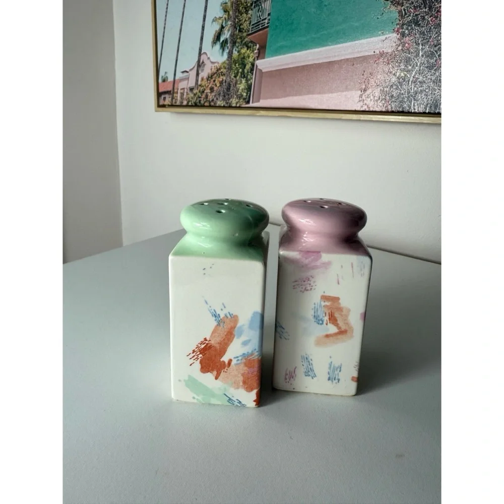 Vintage Pastel Abstract Art Salt & Pepper Shakers Japan Pink Green White Ceramic